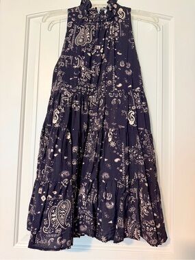 Sleeveless Navy Paisley Tiered Dress